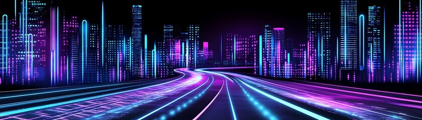 A glowing city skyline illuminated with blue and purple neon lights