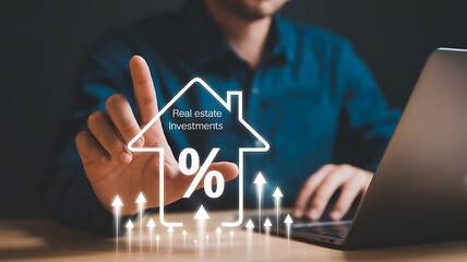 Man analyzing real estate investment growth with digital house and percentage symbol