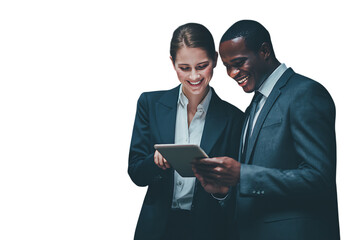Smiling colleagues review data on tablet.