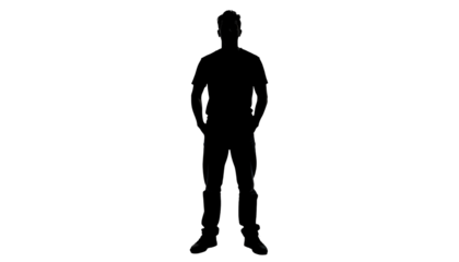 A single man’s silhouette standing upright, isolated on a transparent background, representing strength, focus, and simplicity in form.