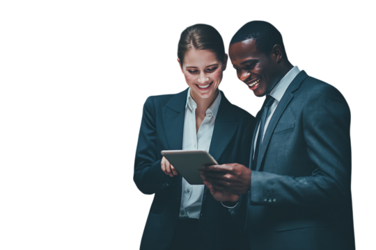 Smiling colleagues review data on tablet.