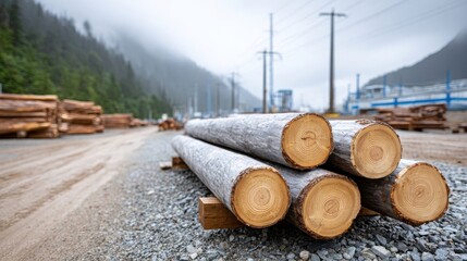 Steel cables drag logs up a steep mountainside to a processing yard