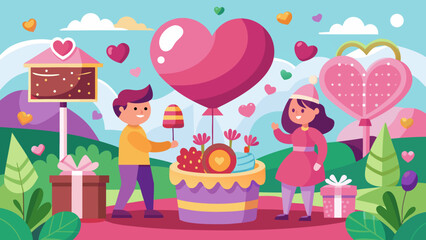 Couple celebrating with cake and heart shaped balloon in a whimsical landscape