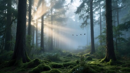 Obraz premium A lush forest background in the early morning