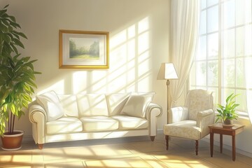 A white couch sits in a room with a large window and a potted plant. Light relaxing room interior with sofa and armchair.