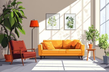 A white couch sits in a room with a large window and a potted plant. Light relaxing room interior with sofa and armchair.