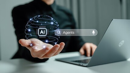 Person using ai agents with a laptop and holographic globe
