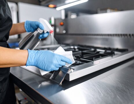 A person wearing blue gloves cleans a stainless steel stove with a spray bottle and cloth in a commercial kitchen. - Powered by Adobe