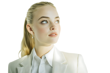 Young blonde woman in a white suit.
