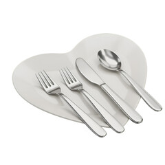 Illustration Silver Cutlery On White Heart Plate Utensils and Metal Shining