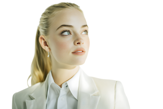 Young blonde woman in a white suit. - Powered by Adobe
