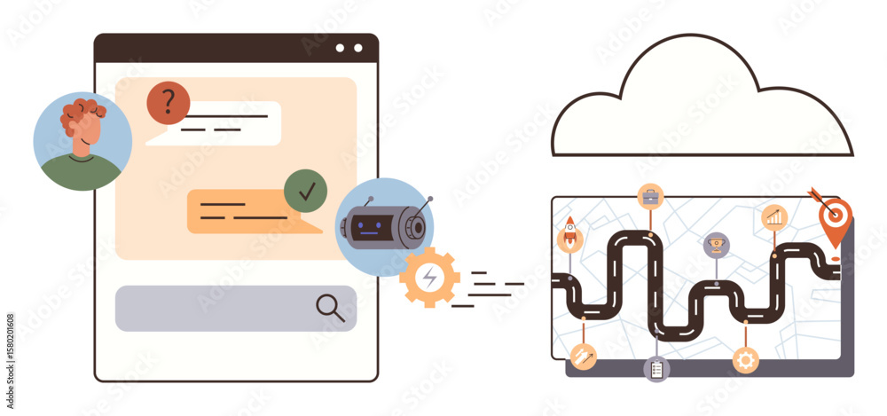 Poster chat interaction, user questions, gps device, cloud connection, marked map route. ideal for travel, 