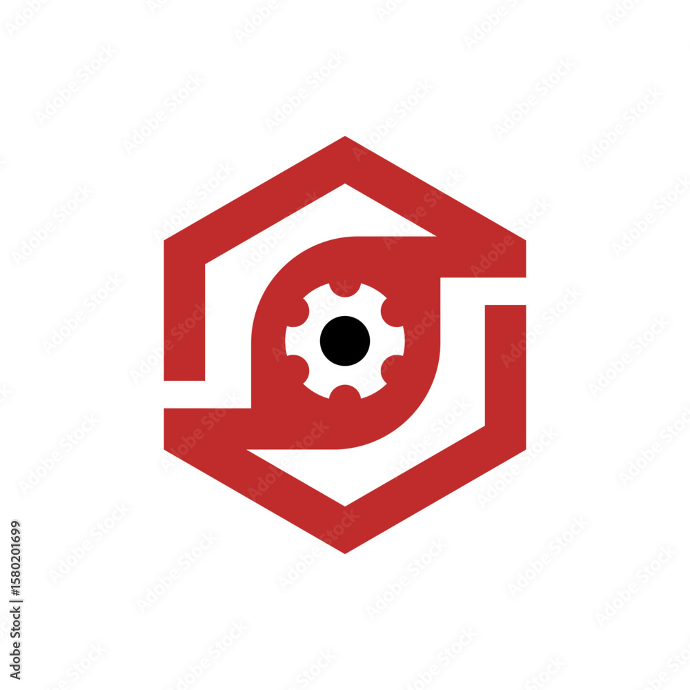 Poster a modern red logo featuring a hexagonal outline encompassing a gear shape with a central black dot, 