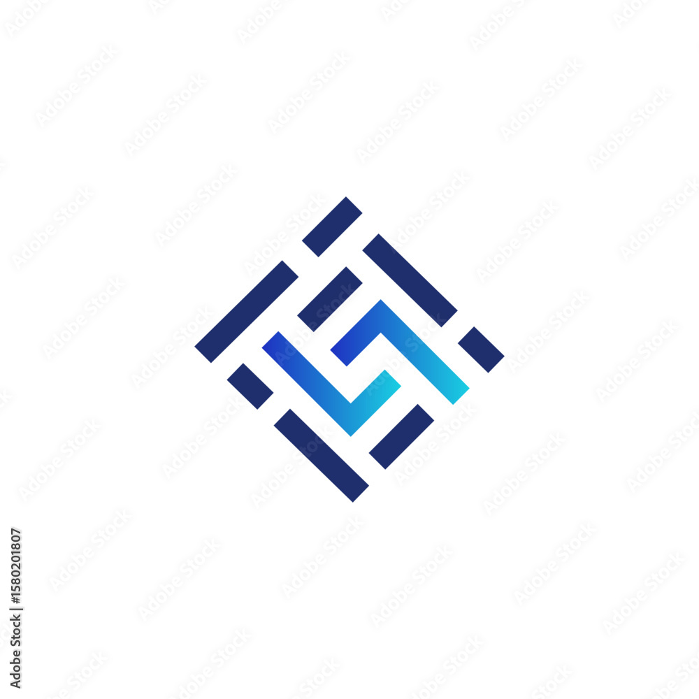 Poster a complex geometric logo forming a square from interconnected blue and light blue abstract lines and