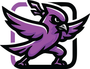Purple bird mascot with outstretched wings and a determined expression, framed by a square.