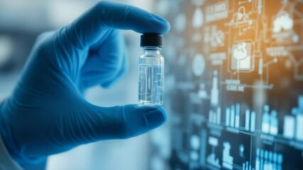 A gloved hand holds a bottle on a digital interface, symbolizing precision medicine and advanced diagnostics. 4k video - Powered by Adobe