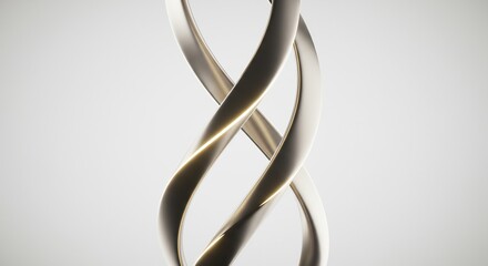 Metallic double helix structure with glowing lines twisting on a light grey clean background