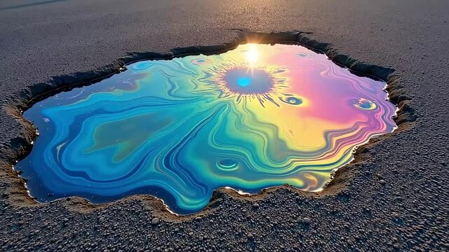 A mesmerizing puddle showcases vibrant rainbow colors and iridescent swirls, reflecting sunlight in a captivating display of oil slick pollution on asphalt, creating an abstract pattern.