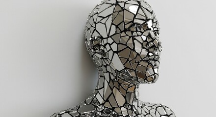 Metallic humanoid bust made of irregular reflective fragments on a plain light grey background