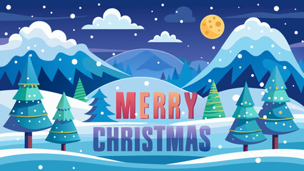Festive merry christmas greeting with snow covered trees and mountains at night
