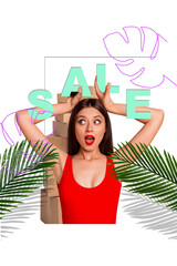 Modern photo 3d collage pop picture of surprised girl hold poster promoting low price boutique isolated on yellow color background