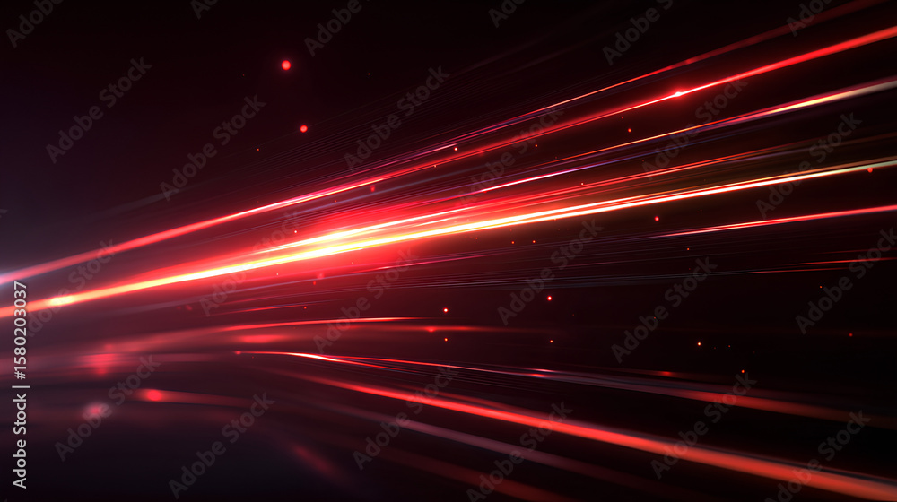 Poster dynamic red line with ray flash and futuristic glow effect on dark 16 background with blur and motio
