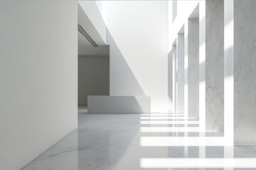 Obraz premium A large, empty room with white walls and white floors. Minimalist bathroom interior with blank white wall and natural lighting.