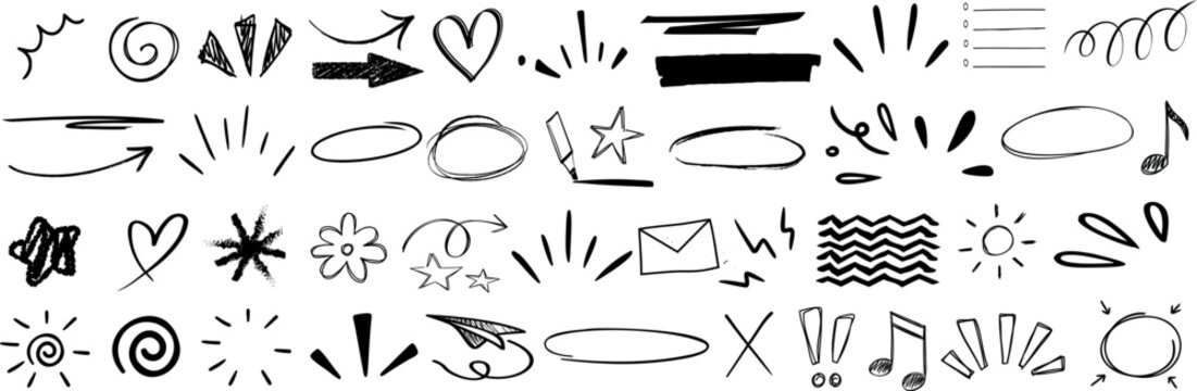 Hand drawn doodle elements including arrow, heart, star, swirl, highlight, and sketch underline. decorative design set for infographics, social media, note taking, and creative projects