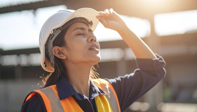 Una persona obrera con casco de obra al aire libre expuesto al calor y altas temperaturas en verano