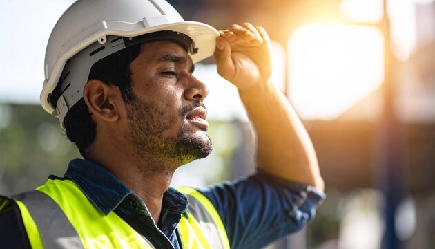 Una persona obrera con casco de obra al aire libre expuesto al calor y altas temperaturas en verano