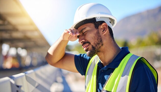 Una persona obrera con casco de obra al aire libre expuesto al calor y altas temperaturas en verano