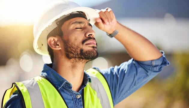 Una persona obrera con casco de obra al aire libre expuesto al calor y altas temperaturas en verano