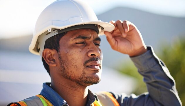 Una persona obrera con casco de obra al aire libre expuesto al calor y altas temperaturas en verano