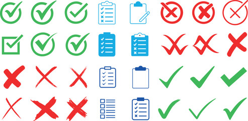 Checklist icons, green check marks, and red cross symbols in flat vector style. Perfect for UI, forms, surveys, or feedback. High quality, colorful symbols for web, apps, and presentation