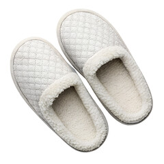 A light gray pair of slippers with fuzzy lining, isolated on transparent background