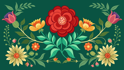 Vibrant floral border design with red yellow and pink flowers on green background