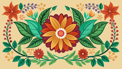 Vibrant mexican folk art floral arrangement with decorative leaves and berries