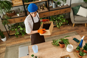 Young man joyfully engaging in transplanting plants in a stylish studio filled with greenery