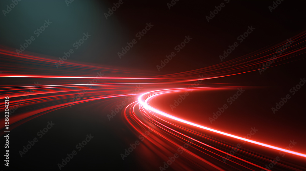 Poster dynamic red line with ray flash and futuristic glow effect on dark 16 background with blur and motio
