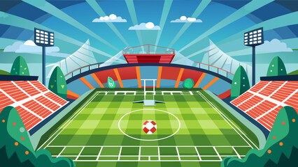 Vibrant soccer stadium with green field and red seating under a bright sky