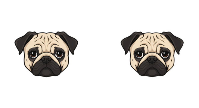 Illustration of Two Pug Dog Head Animal Pet Portrait on Transparent