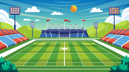 Vibrant sports stadium with green field and blue sky on a sunny day