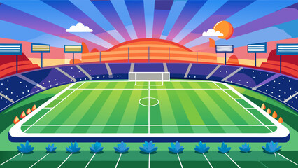 Vibrant football stadium with sunset sky and green field illustration