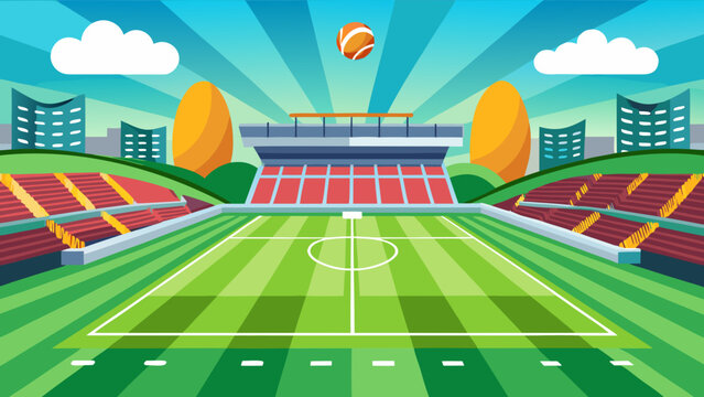 Vibrant cartoon stadium with green field and cheering crowd under a sunny sky