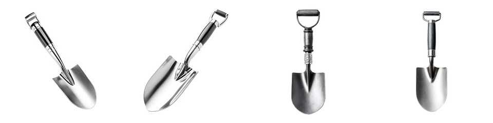 Shiny Shovel Collection: New Metal Spade Tools on White Background
