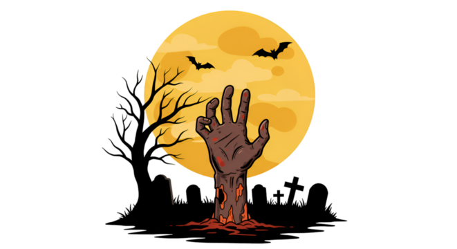 Illustration of Zombie Hand Rising from Grave with Moon and Bats