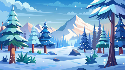 Stylized winter forest landscape with snow covered pine trees and mountains