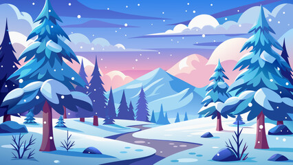 Stylized winter landscape with snow covered pine trees and a winding river