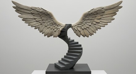 Sculpture of large textured wings atop a dark spiral staircase on a rectangular base against a plain grey background