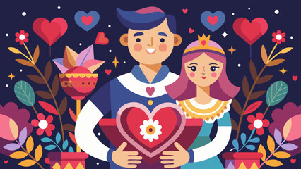 Happy couple holding a heart gift surrounded by flowers and hearts